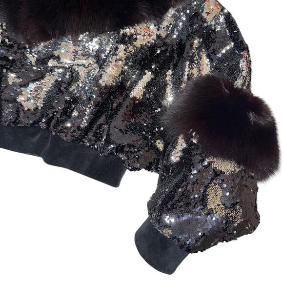 Friends With Money Black Sliver Sequin Fur Trimmed Suede Leather Cropped Jacket - Picture 5 of 11